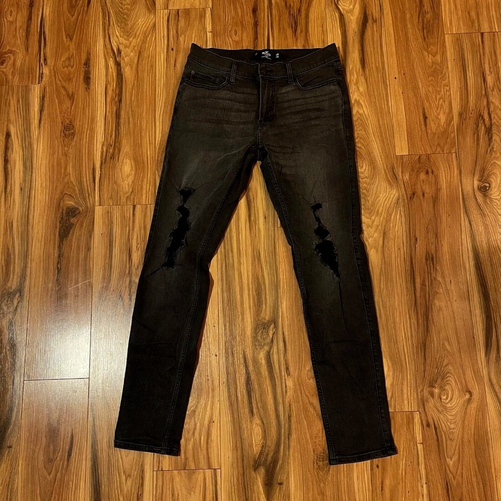 Hollister Advanced Stretch Skinny Ripped Distressed Black Jeans 32 X 34